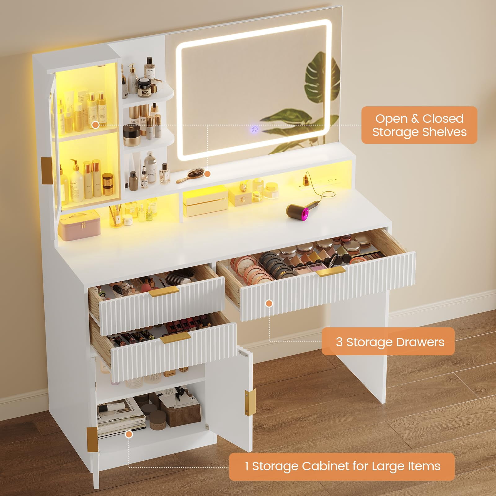 Fluted Makeup Vanity Desk with Touch Screen Mirror and Lights, Wood Vanity Table with Charging Station & LED Lights, with 3 Drawers & Cabinet & Shelves, White