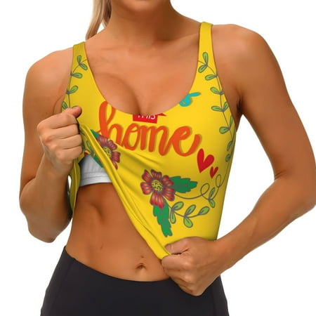 Qokaie Bless This Home Pattern Womens Scoop Neck Sports Bra Breathable Workout Vest Padded U Back Medium Impact Fitness Gym Yoga Bra Workout Crop Top