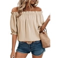 thumbnail image 2 of Off The Shoulder Short Sleeve for Women Summer Blouses Dressy Casual Boho Stretch Tops Khaki XL, 2 of 6