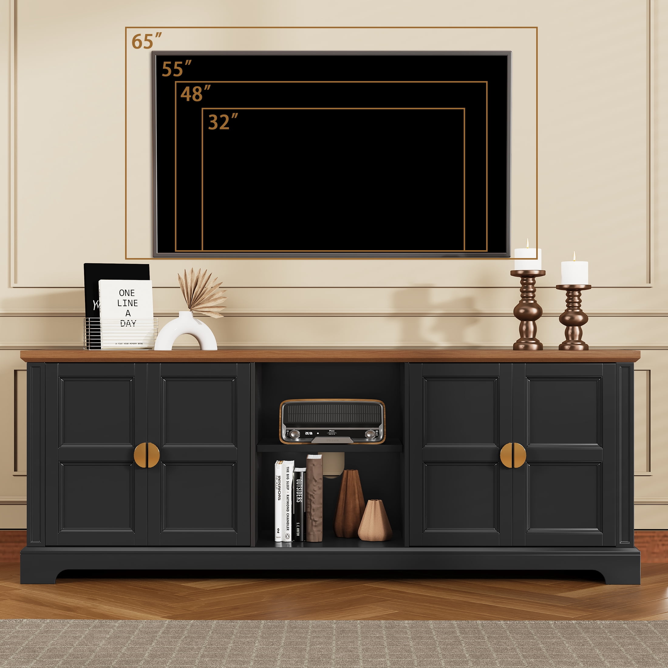67" TV Stand for 75" TV with Storage and Shelves, Mid-Century Style, Black