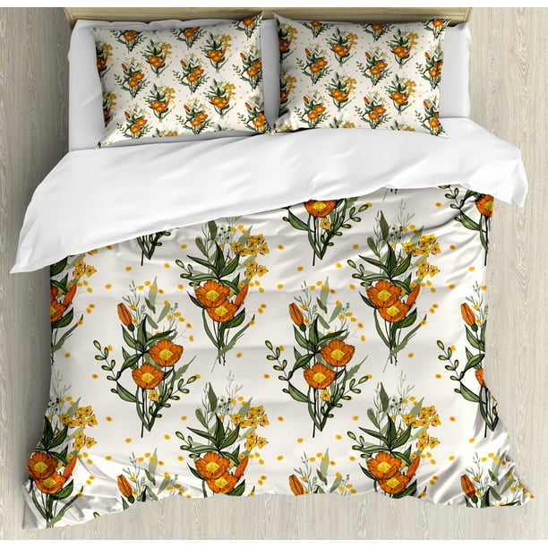 Hawaii Duvet Cover Set King Size Vintage Tropic Flower Leaves California Poppy 3 Piece Bedding With 2 Pillow Shams Burnt Orange Champagne Sage Green And Mustard By Ambesonne Com Hawaii Duvet Cover Set King Size, Champagne King Size Bedding