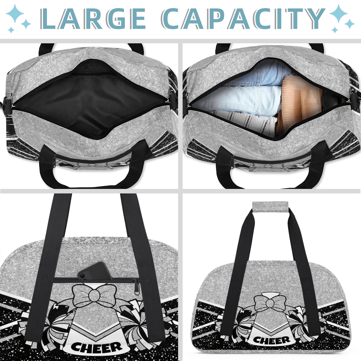 Herdesigns Cheerleading Bags Overnight Duffel Bags Cheer Silver Sport Gym Bag Travel Bag Travel Waterproof Weekender Bag Carry On Travel Tote Bag Dance Bags