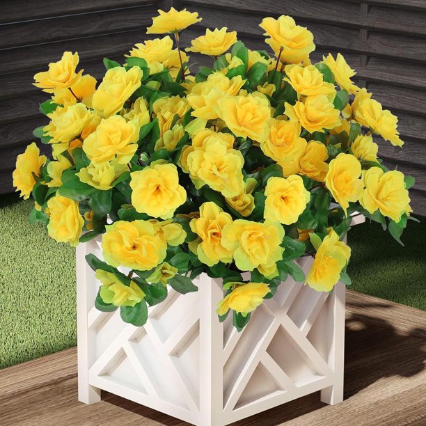 6 paquetes de flores artificiales para exteriores, flores de camelia de seda falsas, plantas de jardín resistentes a los rayos UV, arbustos, flores sintéticas, decoración del hogar, jardín,,Yellow