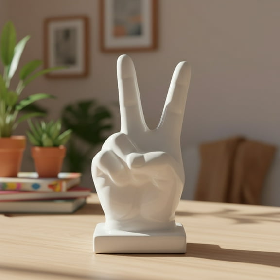 UTC39700 Ceramic "Peace" Hand Sign Tabletop Decor on Base LG Gloss Finish White
