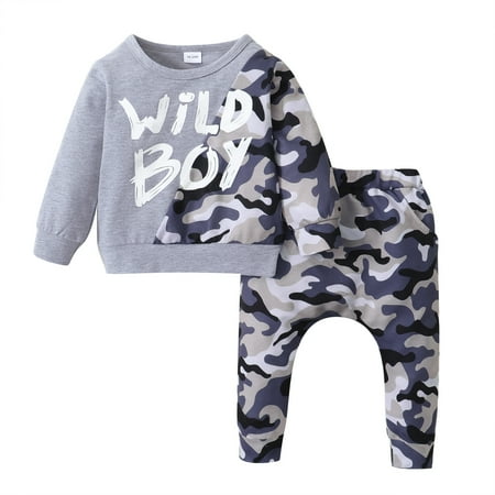 

SYNPOS 1-6 Years Toddler Kids Boy Outfits Long Sleeve Wild Boy Tops + Camouflage Pant 2PCS Sweatsuit Set.