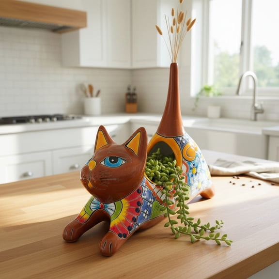 Talavera Cat Planter | Colorful Handcrafted Stretching Animal Pot