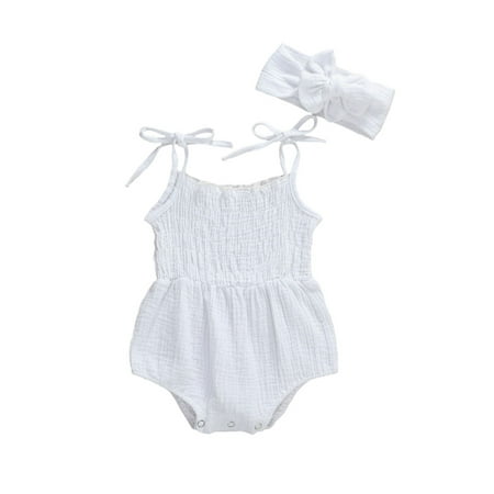 

Tregren Infant Baby Girls Floral Cotton Strappy Halter Romper Bodysuit Headband Ruffled Jumpsuit Sunsuit Baby Girl Summer Clothes