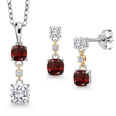Gem Stone King 925 Sterling Silver and 10k Yellow Gold White Moissanite and Red Garnet Pendant and Earrings Jewelry Set for Women (2.17 Cttw, Cushion 5MM, 4MM, 3MM, with 18 inch Chain)