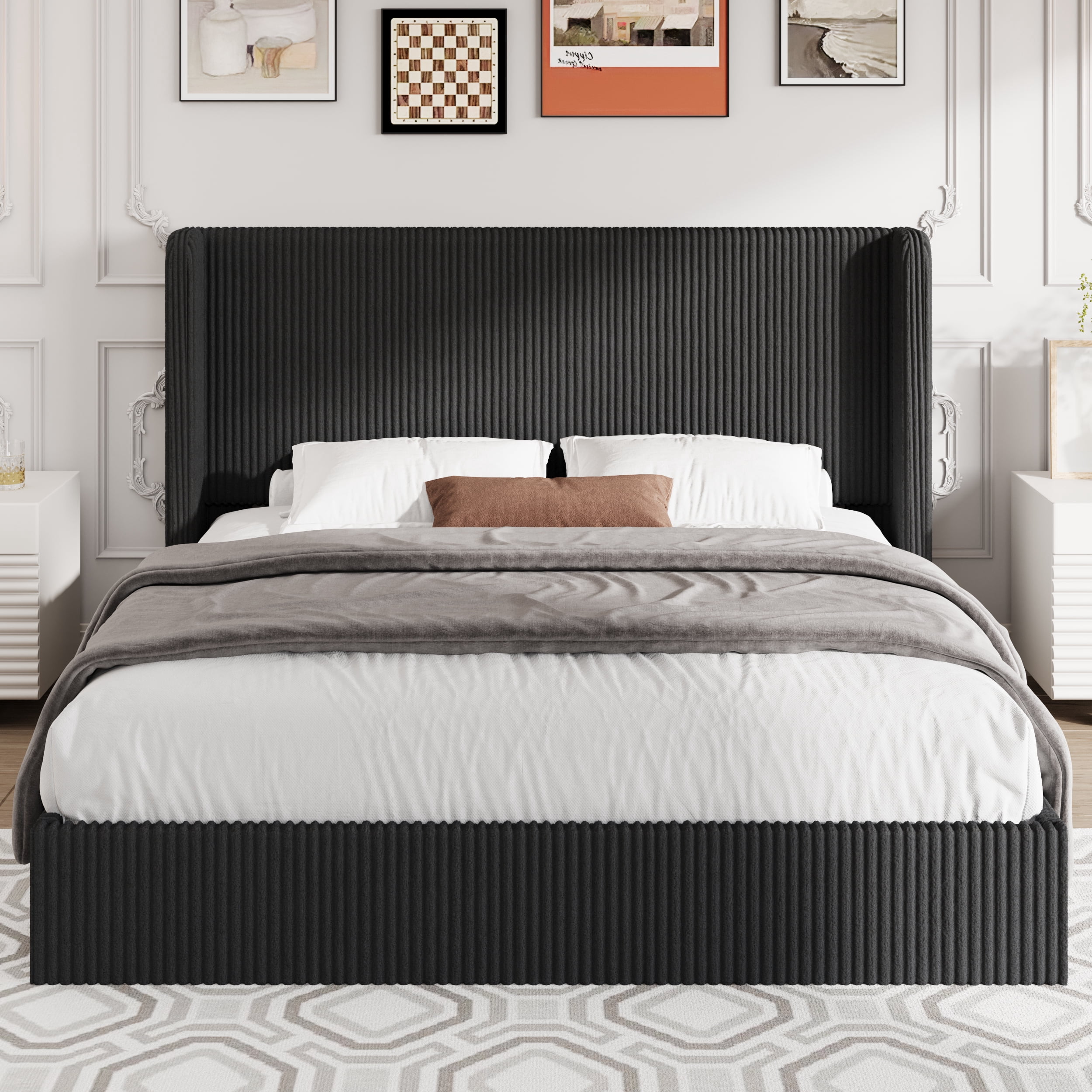 Amolife King size Hydraulic Lift Storage Bed Frame with Wingback Headboard, Corduroy Upholstery, Black