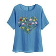 thumbnail image 3 of Dazajoo Short Sleeve Linen Blouses for Women 2025 Summer Casual Crew Neck Shirts Vintage Floral Print Tops Graphic Tees,Blue,S, 3 of 5