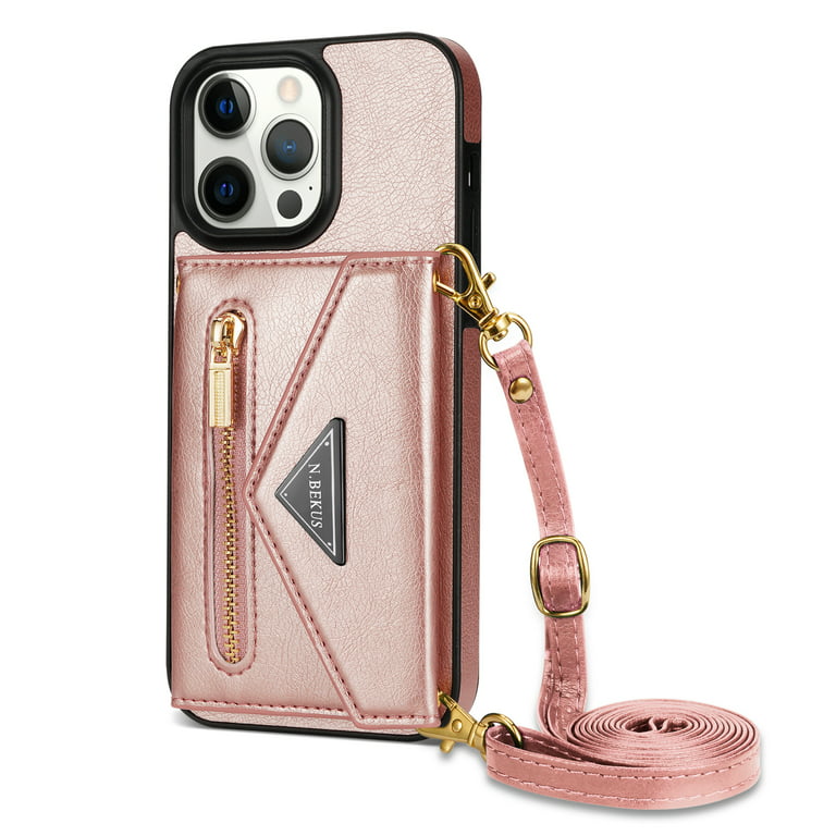 Crossbody Leather Wallet Case for iPhone 14 Pro Max with Card Slots Zipper Pocket Kickstand Function Adjustable Shoulder Strap Shockproof Purse Phone