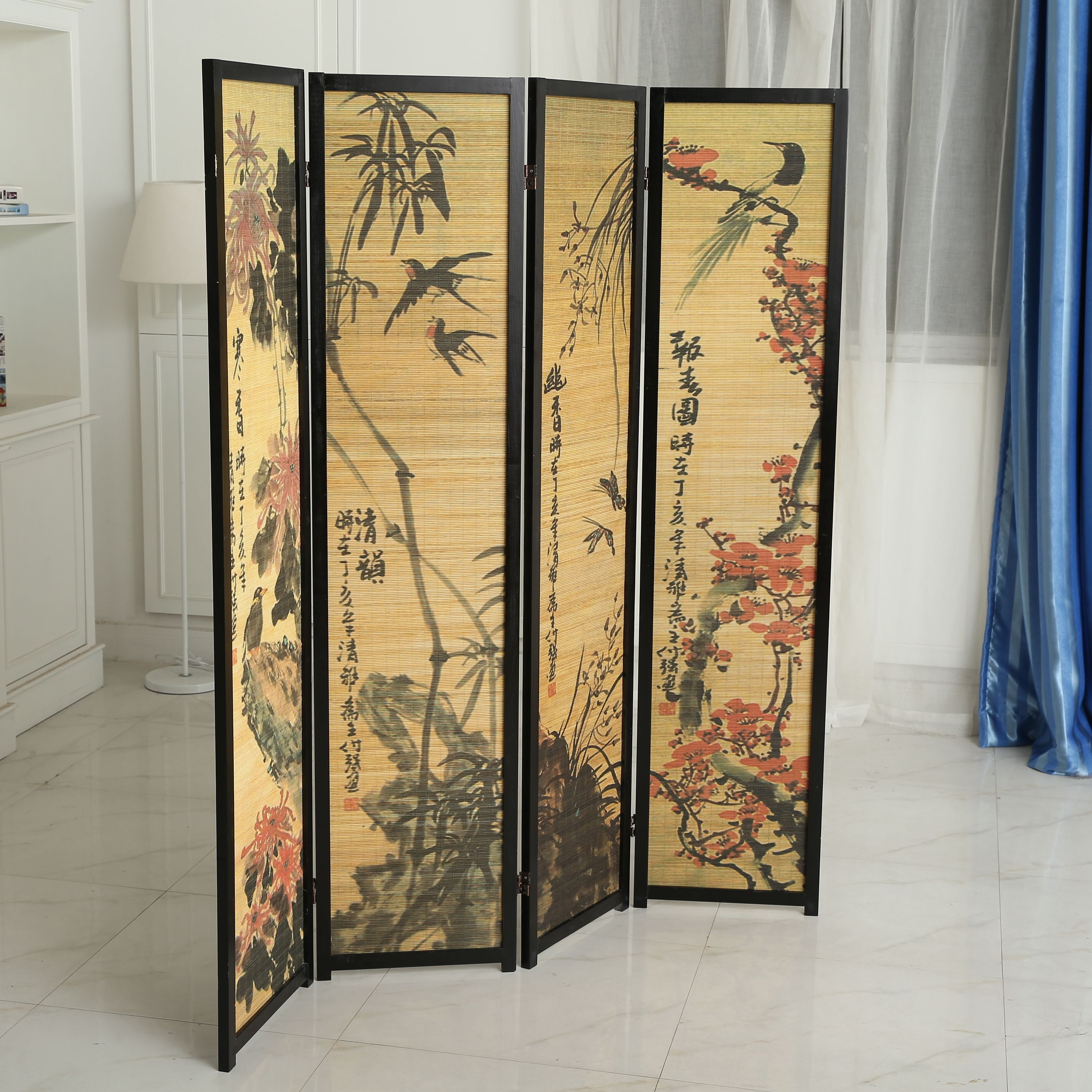 MyGift 4-Panel Chinese Calligraphy Beige Wood Frame Folding Room Divider Decorative Floral Design Screen