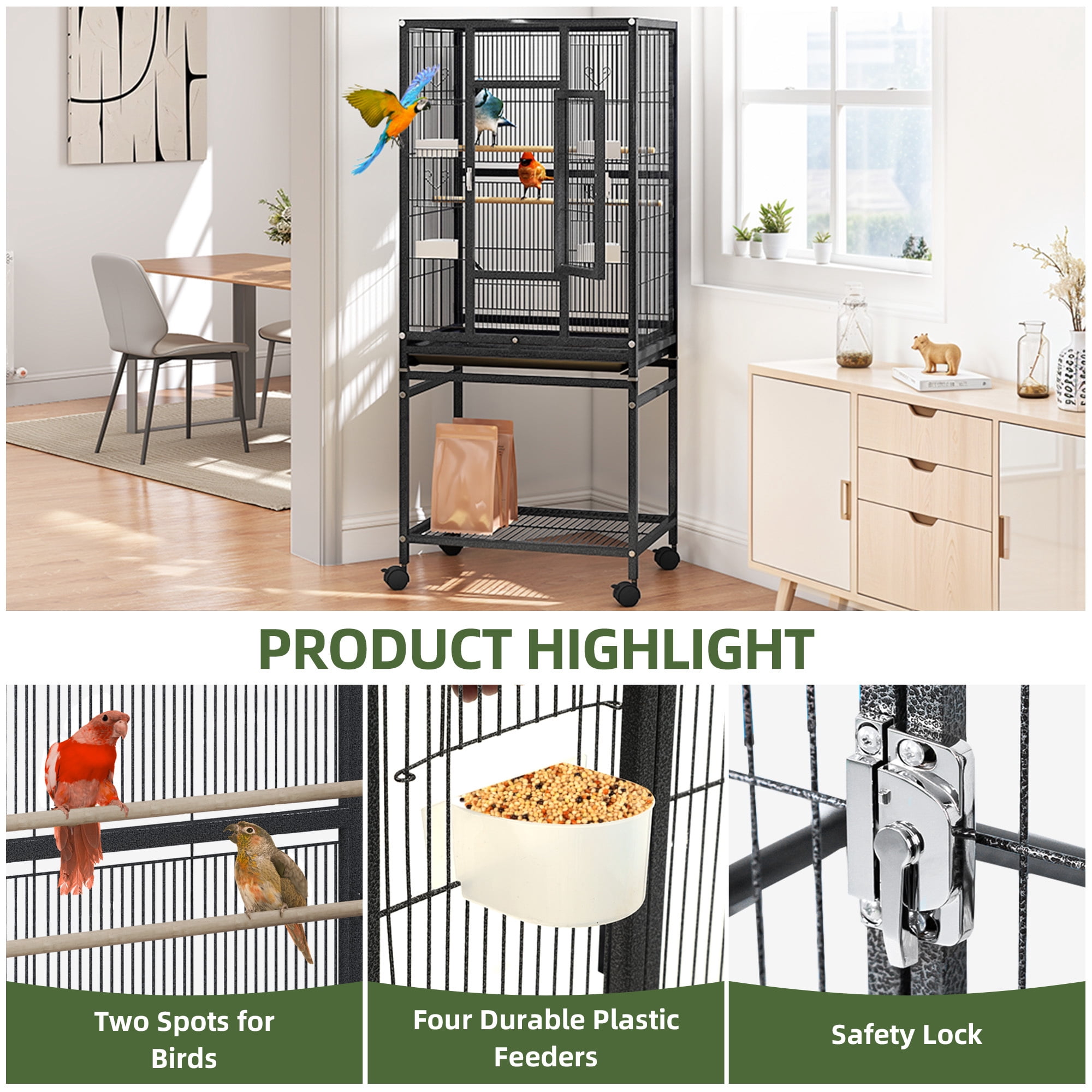 Uforic 53 Inch Sturdy Metal Bird Cage with Dual Covers, Seed Catcher & Secure Safety Lock, Storage Shelf & Slide-Out Cleaning Tray for Small Medium Birds, Black