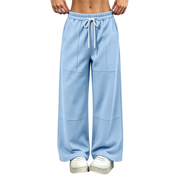 Costeam Womens Color Stitch Wide Leg Sweatpants Solid Patchwork Panel Casual Trousers Elastic Drawstring Waist Pants with Side Pockets Soft Knit Loungewear Bottoms