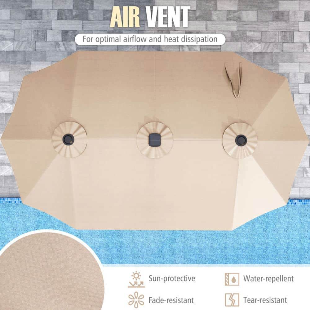 Demifill 15.5 FT Extra-Large Patio Umbrella, Outdoor Shade with LED Solar Lights and Crank Handle for Outdoor, Beige