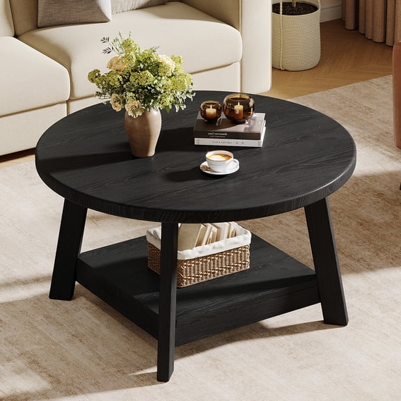 Finmind 31.5" Solid Wood Round Coffee Table, 2-Tier Cocktail Table for Living Room, Black