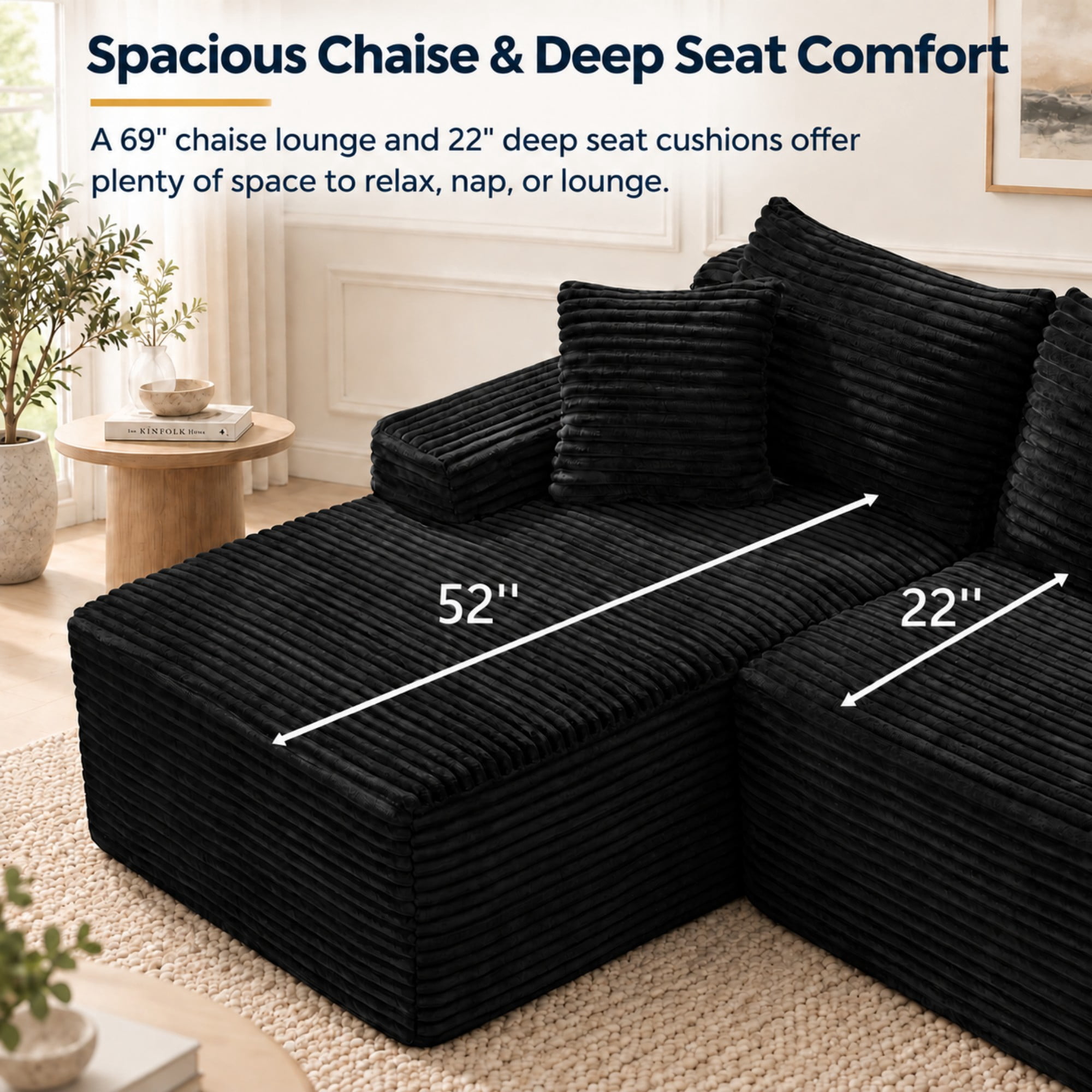 DEALTOPS 106" Corduroy L-Shape Sectional Sofa, Modular Floor Cloud Couch with Right Chaise, Black
