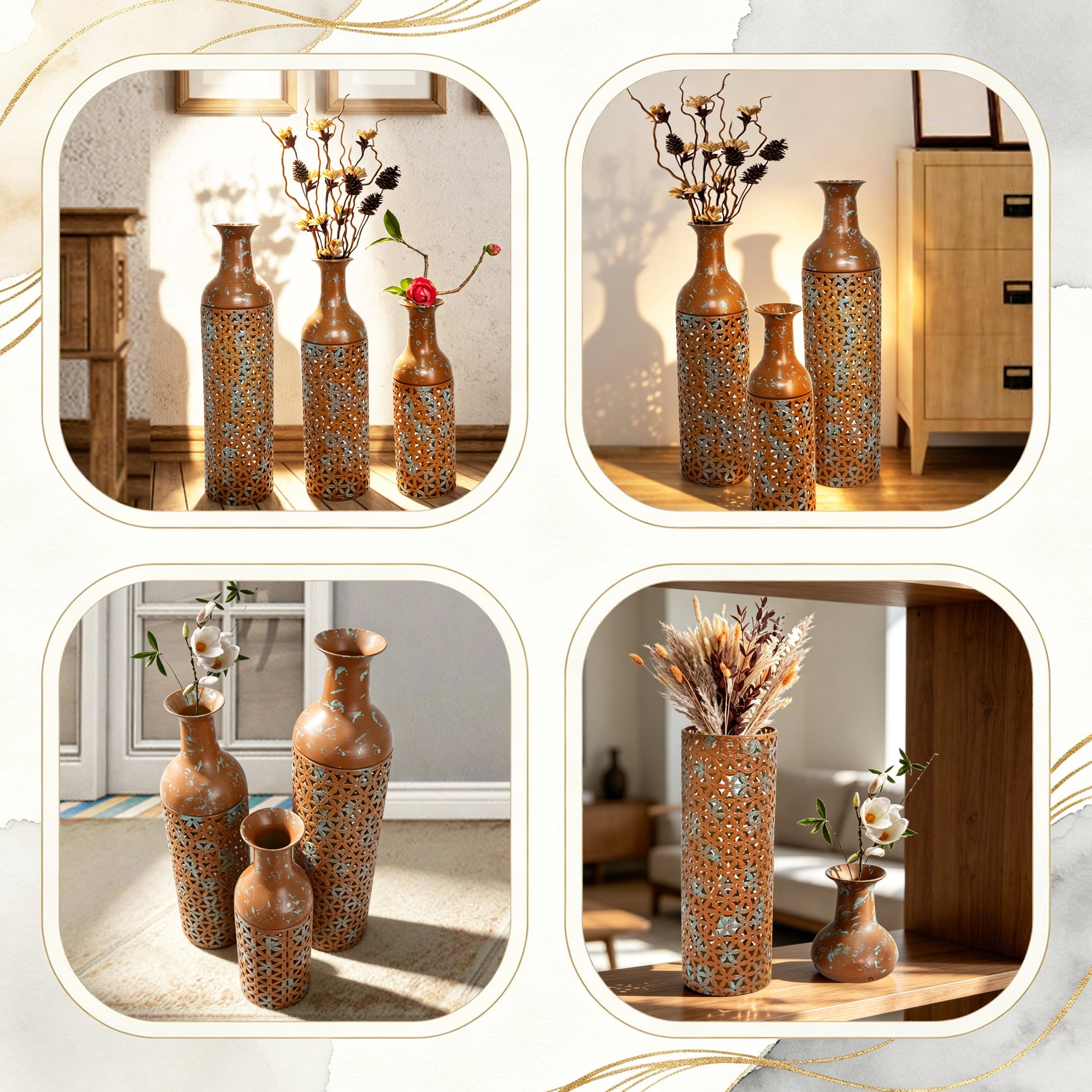 Noble House Set of 3 Decorative Metal Floor Vases, Floral Cutout Pattern Tall Vases, Rustic Brown