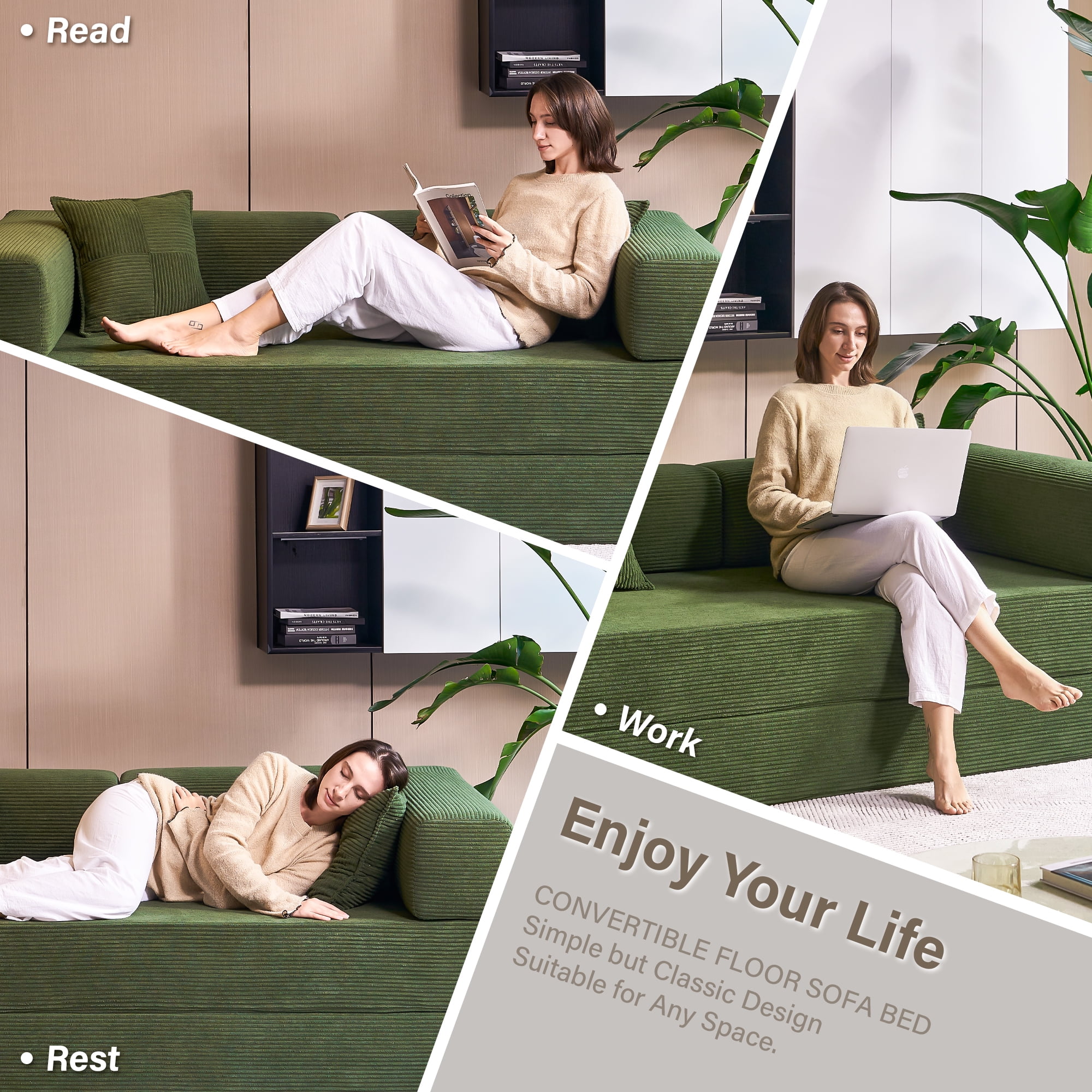 YINIX 81.6" Sleeper Sofa with Two Pillows, Comfy Modular Convertable Sofa Couch for Living Room, Small Spaces, Green