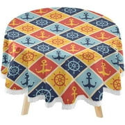 SKYSONIC Retro Nautical Anchors Round Tablecloth 60inch Indoor Wrinkle Free, Summer Wheels Circular Lace Table Cover Washable for Kitchen Party BBQ Dining Decor
