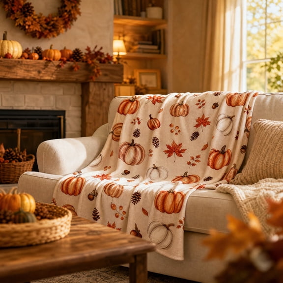 Tepsmf Fall Fleece Throw Blanket, Autumn Pumpkin Spice and Everything Nice with Harvest Pumpkins Leaves and Wheat, Soft Blanket for Couch,Cozy,Warm,Lightweight,39 x 59 Inch