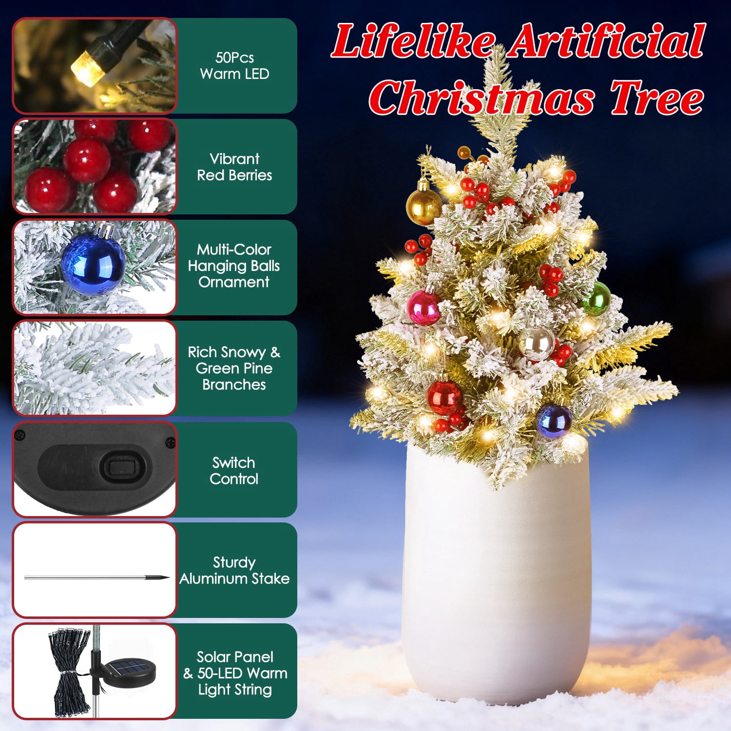 Astoutdoor 2-Piece Solar Lighted Artificial Christmas Tree, 35.43 in, Red Berries, 50 LEDs, 2 Modes, IP44, PVC