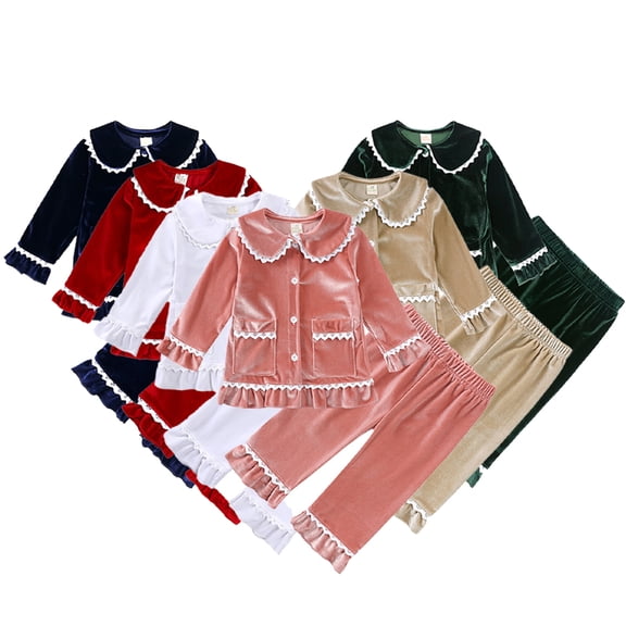 Godderr Kids Toddler Girls 2Pcs Winter Sleepwea Pants Outfits Baby Newborn Fleece Pajamas Fleece Pants Set Teen Girls Lapel Button Warm Pajamas Set for 3M-13Y