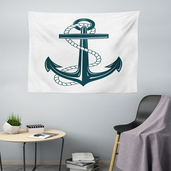 Navy White Tapestry, Iconic Symbol of Maritime Nautical Anchor with a Monochrome Art, Fabric Wall Hanging Decor for Bedroom Living Room Dorm, 5 Sizes, Dark Teal and White, by Ambesonne