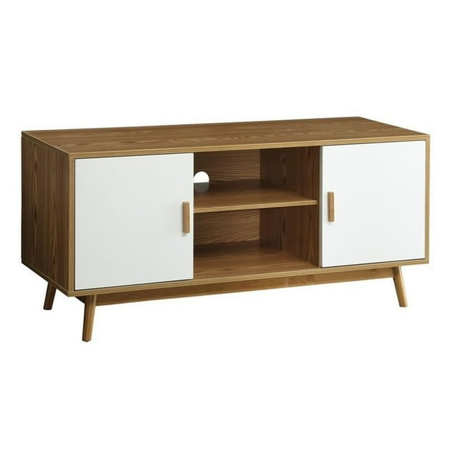 Pemberly Row 46" TV Stand in White featuring a modern design with a natural wood finish and white cabinet doors. Includes two cabinets for concealed storage, open shelves with an adjustable middle shelf, and a cable management hole. Made of MDF, it measures 47.25 inches wide, 17.75 inches deep, and 21.75 inches high. Assembly required.