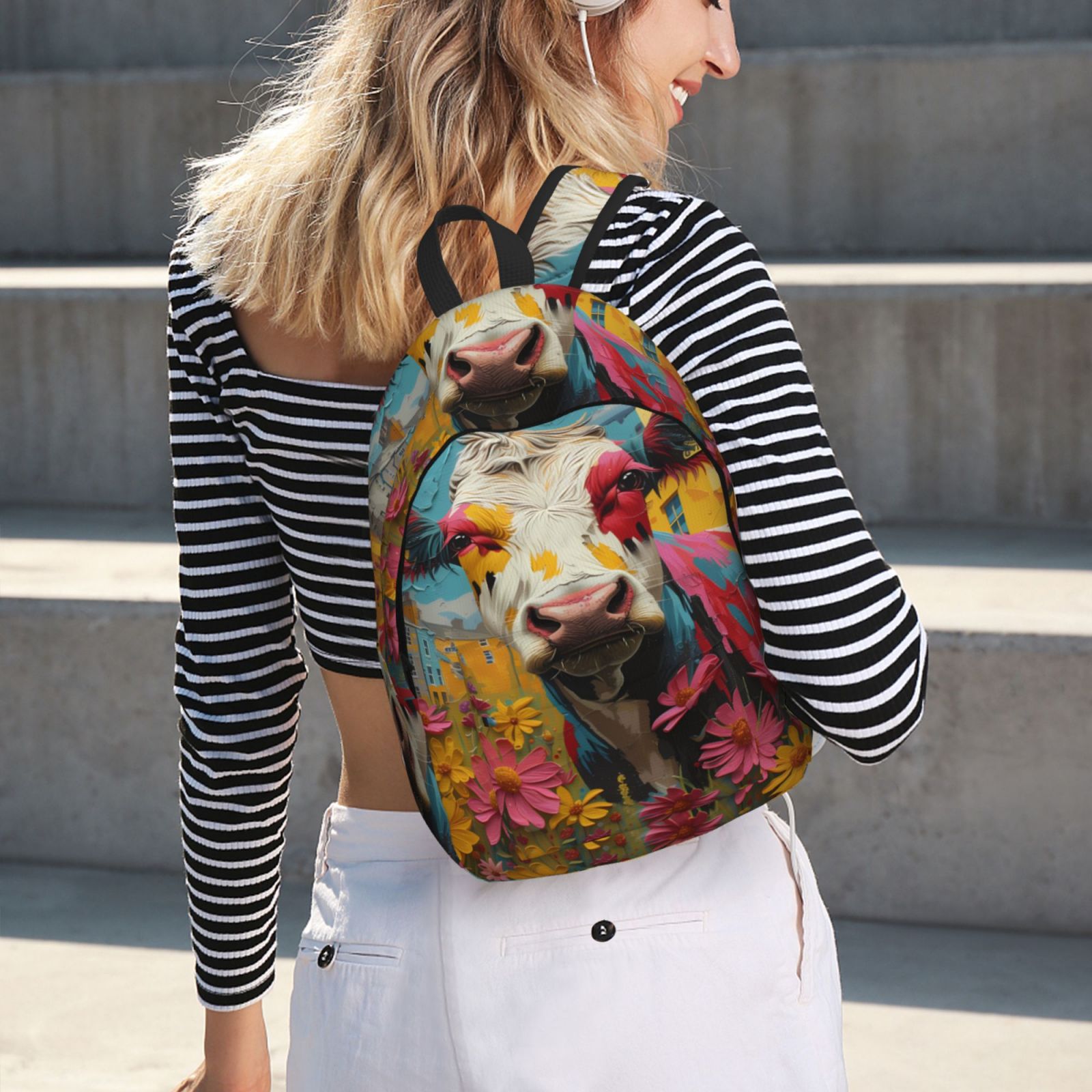 Picia Yellow Daisy Cow Printed Canvas Daypack - Stylish and Durable Vintage Compact Backpack - Class, Work, Travel, or Laptop Bookbag,Organized Compartments-Small