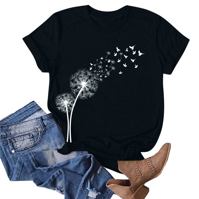 Babysbule Hauts en Liquidation pour Femmes T-shirt à Manches Courtes Imprimé Pissenlit Col Rond Mode Décontracté Ample