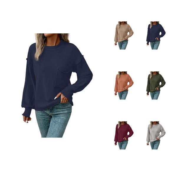 Sweaters for Women 2025 Fall Winter Long Sleeve Crewneck Casual Loose Pocket Knit Jumper Tops Womens Pullover Sweaters