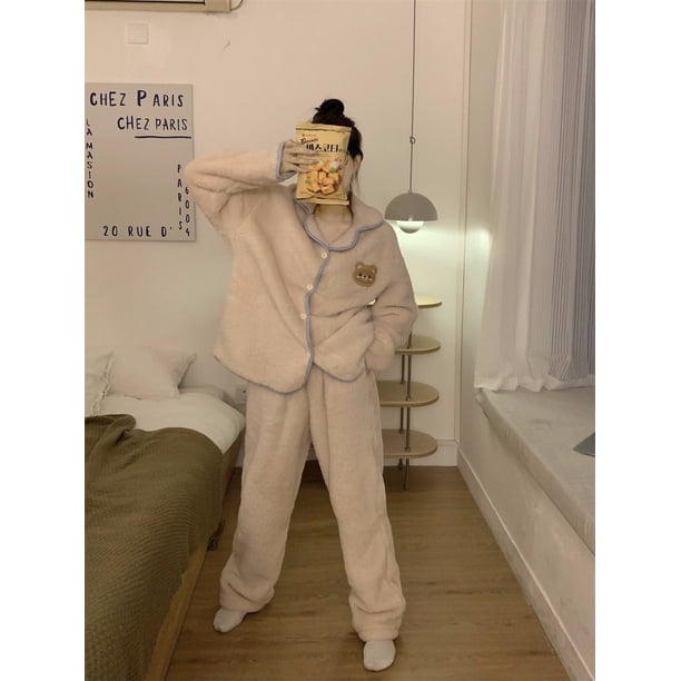 Pijama grueso con forro polar cálido de invierno para mujer, lindo cárdigan con solapa interior, ropa para el hogar