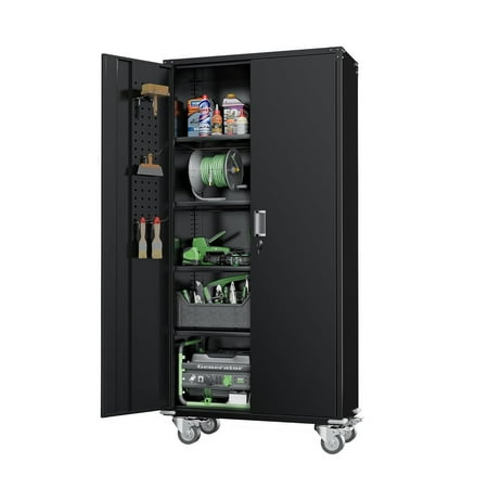 

SOLAURA Metal Storage Cabinet with Wheels and Pegboard 72 Black Garage Rolling Cabinet with 4 Adjustable Shelves Lockable Tool Storage Cabinets for Home Office School
