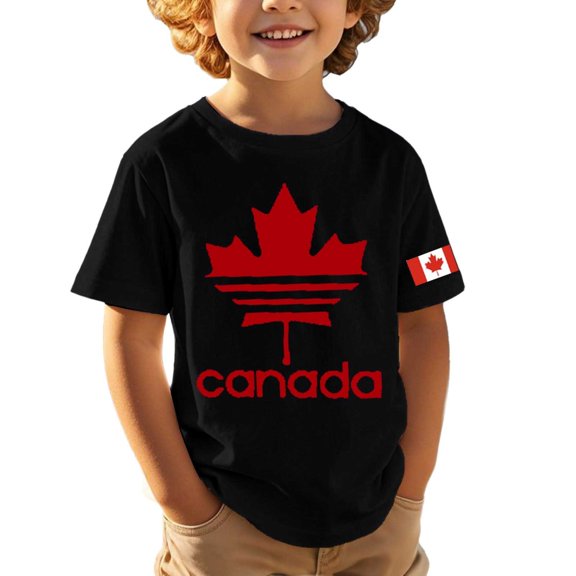 OOOUM Boys Short Sleeve T-Shirt Canadian National Day Graphic Basic Tees Active Breathable Running Shirt Top For Soccer Black 13-14 Years