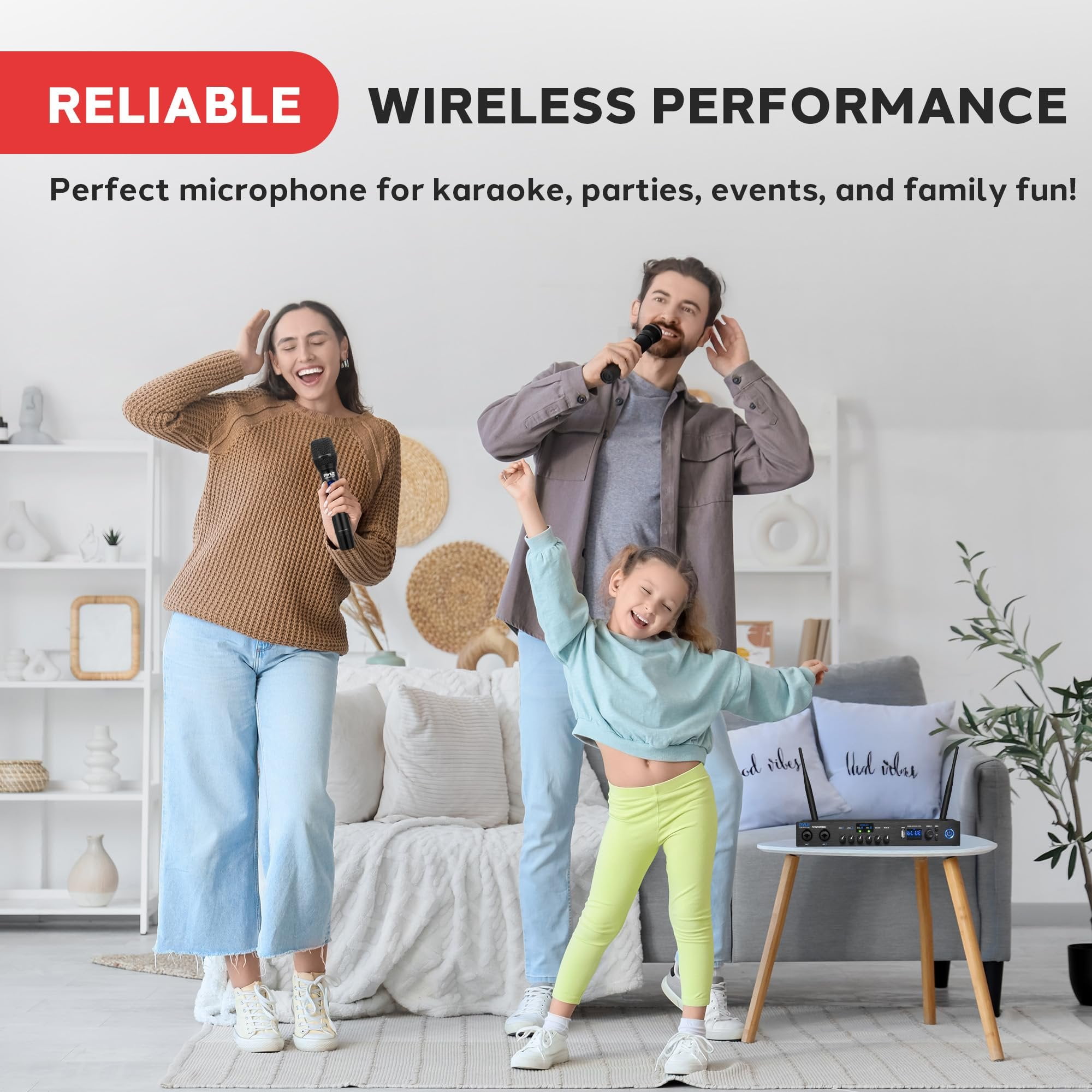 Pyle UHF Wireless Microphone System - Portable Digital Audio Sound Mixer Receiver w/ Bluetooth, 2 Handheld Mic, Receiver Base, Addressable Frequency, Great For Home Karaoke & Professional Use, Black