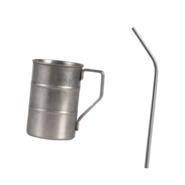 Taza de camping de 350 ml, recipiente multifuncional de acero inoxidable para café o leche. gris con paja