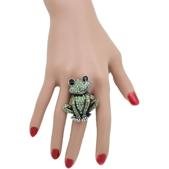 Women Silver Metal Ring Fashion Flamboyant Jewelry Green Color Bling Frog Animal
