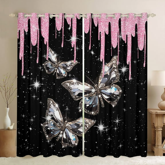 Castle Fairy Crystal Butterfly Black Out Curtains for Teens Girls Women,Bling Splash Glitter Curtains Pack Of 2 (42X63 Each),Dreamy Princess Bedroom Curtains,Ultra Soft Home Decor