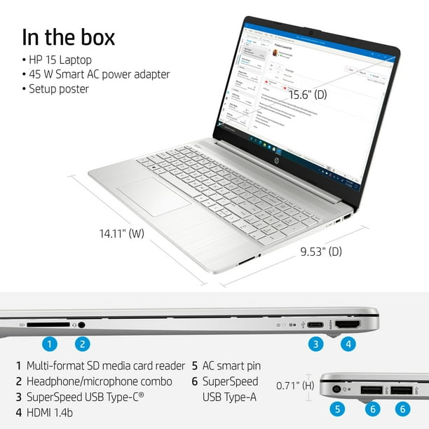 HP 15.6" Laptop, Intel Core i3-1115G4, 8GB RAM, 256GB SSD, Windows 10 Home, Natural Silver, 15-dy2091wm