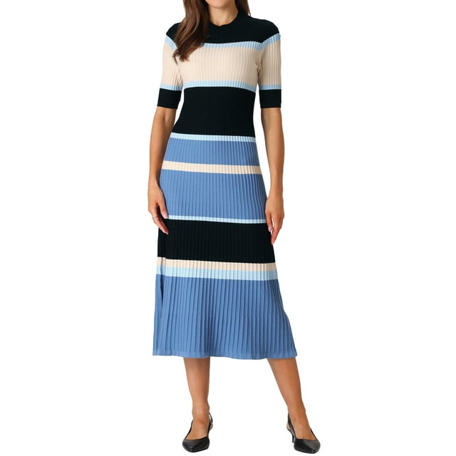 Vestido de suéter de punto a rayas de manga corta midi para mujer Inspire Chic M azul