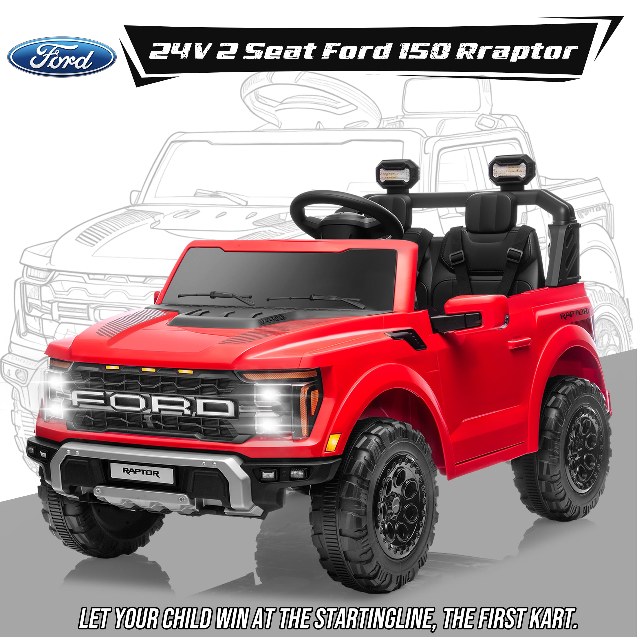 Ford F150 Raptor 2 Seater Ride on Toy Trucks for Kids, 24V Powered 2 Seat Ride on Cars with Remote Control/4 Wheelers/LED/Bluetooth/ Truck Bed Storage/Soft Start, Kids Electric Cars for Boys Girls