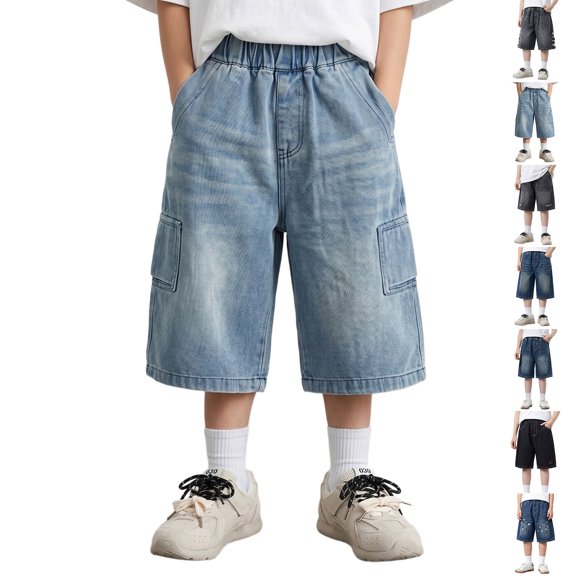Kids Denim Shorts Elastic Waist Straight Leg Jeans Shorts Casual Loose Fit Denim Shorts with Pockets Summer Clothes 5-6 Years