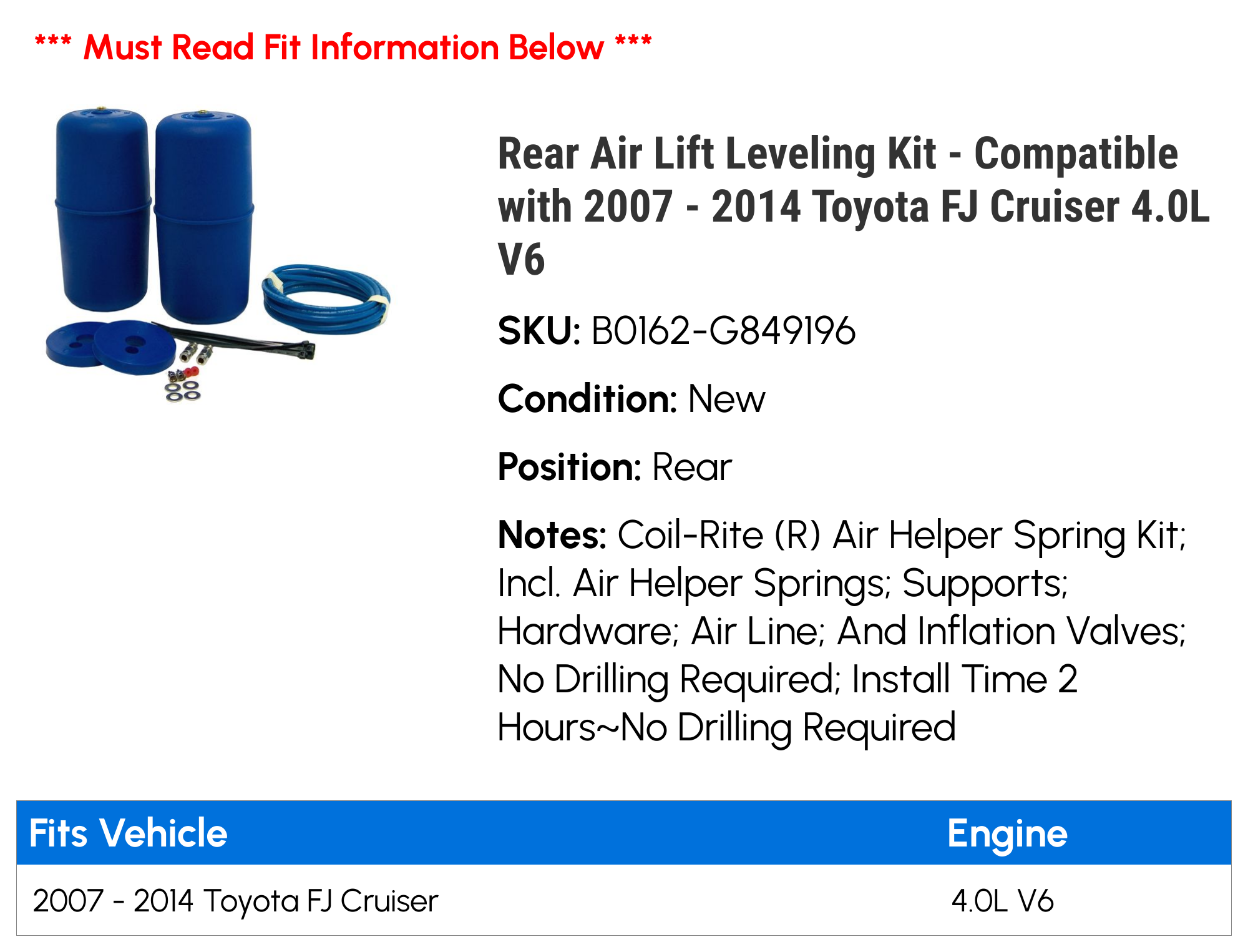 Rear Air Lift Leveling Kit - Compatible with 2007 - 2014 Toyota FJ Cruiser 4.0L V6 2008 2009 2010 2011 2012 2013