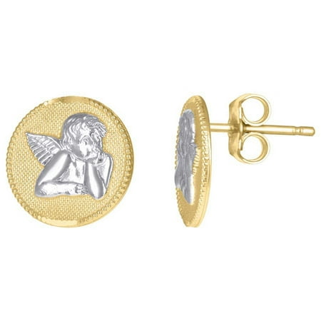 Auriga Fine Jewelry 10K Two-Tone Gold Textured Raphael Angel Religious Round Stud Earrings for Men