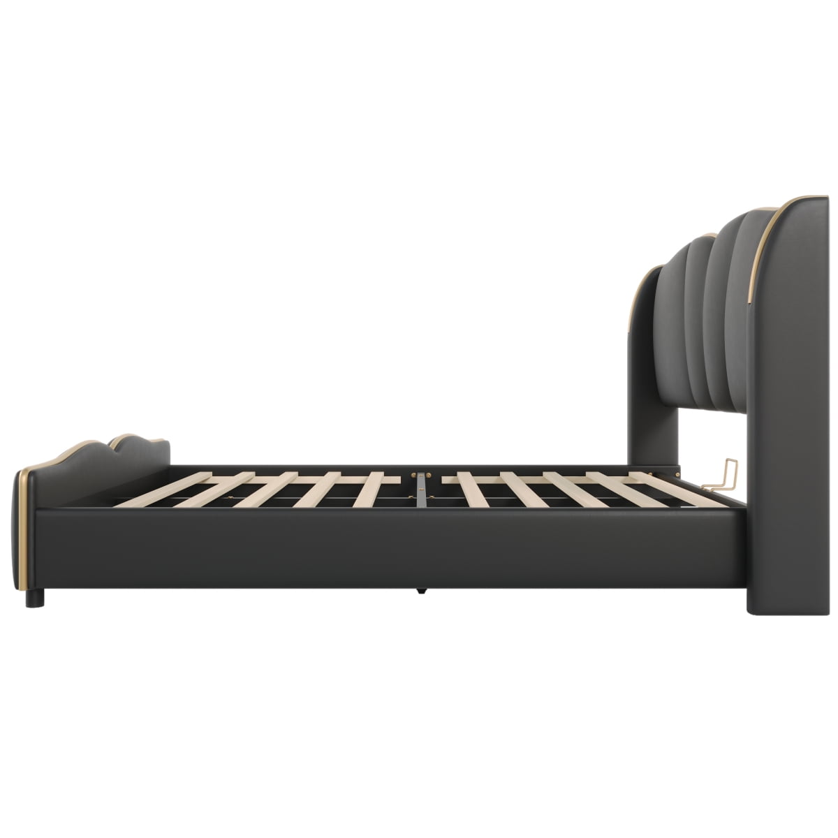 [Luckynote]Queen Size Leather Upholstered Bed Frame, Modern Bed Frame with Wingback Head board, Upholstered Platform Bed with Wavy Footboard, No Spring Box Needed, Black