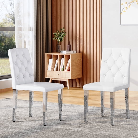 FFZ Set of 2 PU Dining Chairs with Buckle Backrest and Silver Metal Legs, 16.4 x 18 x 35 inch, White Silver