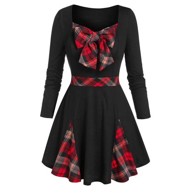 Camiseta de panel a cuadros Bowknot de talla grande Rosegal Mangas largas de talla grande