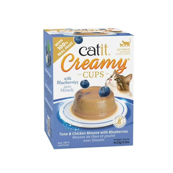 Catit Creamy Cups Tuna & Chicken Mousse with Blueberry, Creamy Cat Treat, 4 x 25g