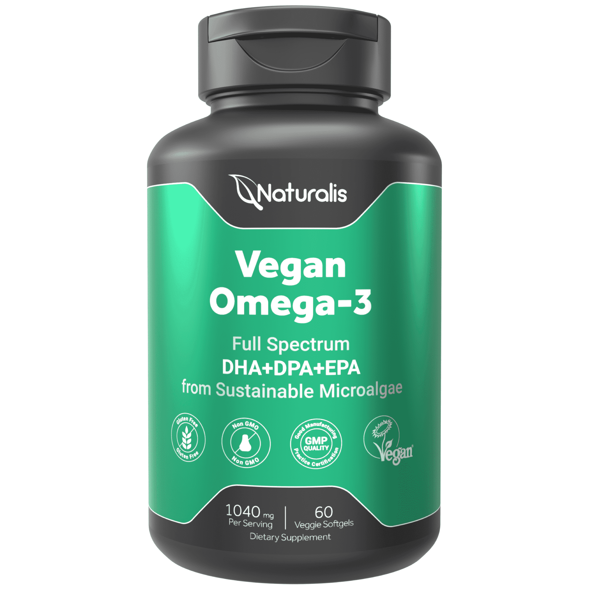 Naturalis【520mg Per Softgels】Vegan Omega 3 DHA, EPA & DPA from Algae | Vegan Society Certified, Sustainably Sourced, True Full Spectrum | 60 Veggie Softgels (Carrageenan Free)